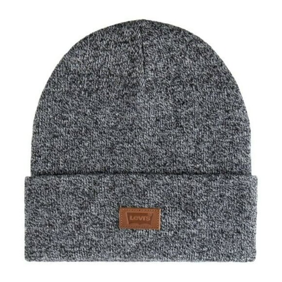 LEVI'S One Size Marl Grey All Season Leather Logo Patch Cuffed Knit BEANIE NWT - Picture 1 of 6